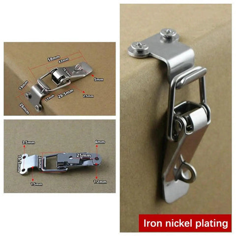 Stainless Steel 20 Pack Spring Loaded Draw Toggle Latch Clip Hasps For Rock Solid Secure Closures Quick Engagement 90 Degree Right Angle Lock Card And Duckbill Catch Design shown with measurements on cardboard