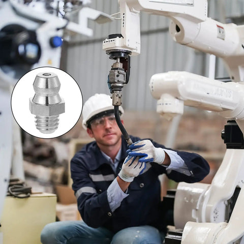 Six Pack Stainless Steel M6 X 1mm Straight Grease Fittings Zerk Nipples For Hydraulic Gear And Machinery, worker installing.