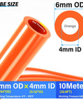 Diagram of Orange 6mm OD 4mm ID Polyurethane PU Air Hose Tube Kit showing tube dimensions and specifications.