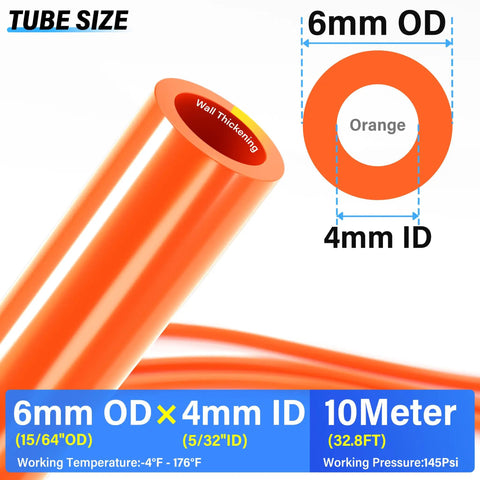 Diagram of Orange 6mm OD 4mm ID Polyurethane PU Air Hose Tube Kit showing tube dimensions and specifications.