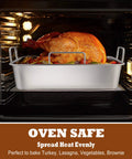 14 Inch Stainless Steel Roasting Pan Set With V Shaped Rack And Baking Rack For Turkey Or Chicken Pro Grade Heavy Duty Roaster Pan With Handles Dishwasher Safe 3 Piece Lasagna Pan And More Healthy Kitchen Must Have in oven with turkey