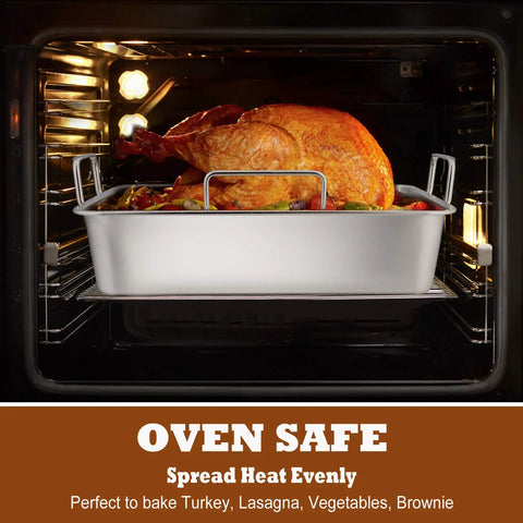 14 Inch Stainless Steel Roasting Pan Set With V Shaped Rack And Baking Rack For Turkey Or Chicken Pro Grade Heavy Duty Roaster Pan With Handles Dishwasher Safe 3 Piece Lasagna Pan And More Healthy Kitchen Must Have in oven with turkey
