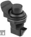 Keyless Push Button Cabinet Door Latch Built Tough Stainless Steel And Plastic Build with stainless steel mounting bracket, compact design.
