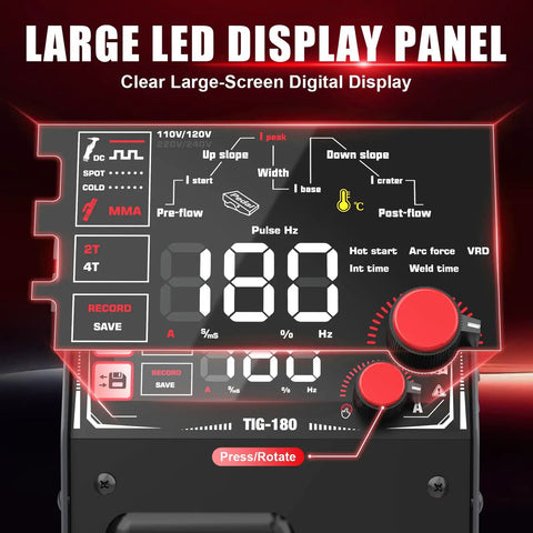 180 Amp DC Pulse TIG Welder With Cold Start And Large LED Display control panel close-up
