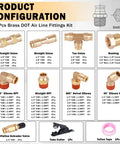 Brass DOT air line fittings kit, 76 pieces; front view shows straight/tee unions, elbows, bushings, valves.