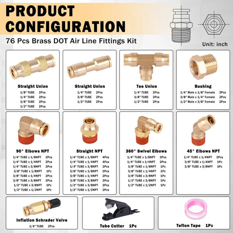 Brass DOT air line fittings kit, 76 pieces; front view shows straight/tee unions, elbows, bushings, valves.