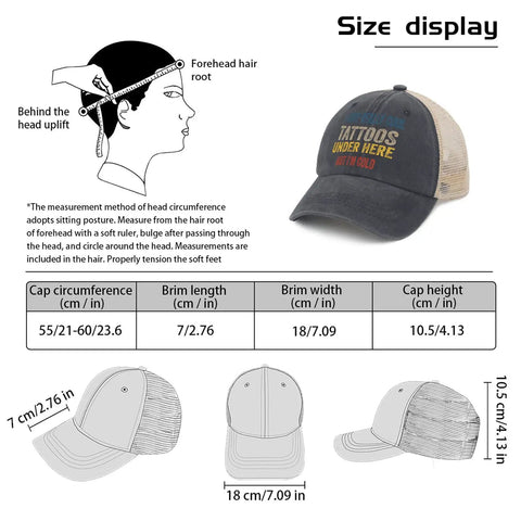 Dope Mesh Baseball Cap For Men, Breathable Trucker Hat With Air Vents, size display with measurements and illustration