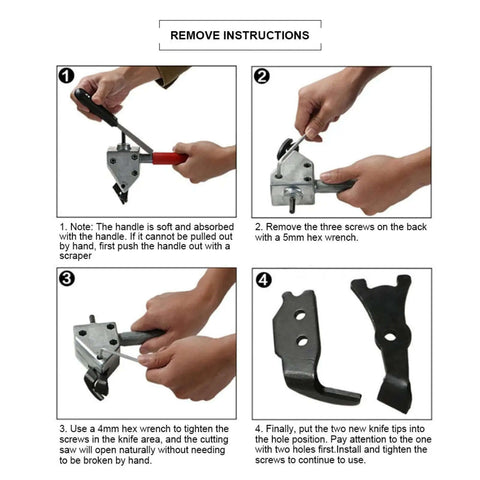 Step-by-step removal instructions for Beast Workhorse Metal Sheet Cutter Drill Attachment with handle and 7mm hex shank.