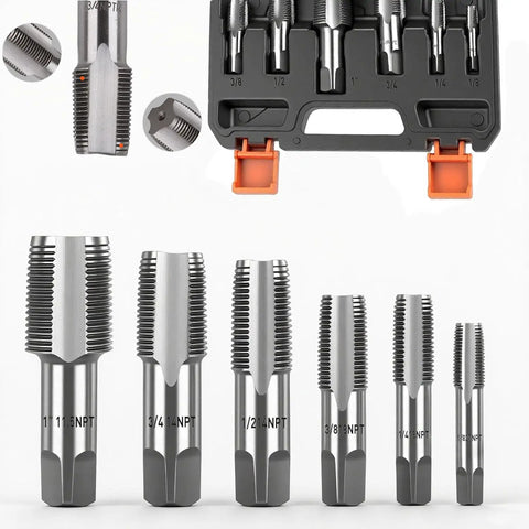 6-Piece NPT Pipe Tap Set In Carbon Steel With Storage Case, Heavy Duty Taps From 1/8 To 1 Inch displayed with case