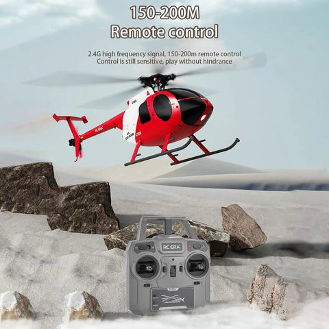 MD500 RC Helicopter Model C189 1/28 Scale 4CH Single Rotor flying with remote control on rocky landscape