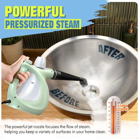 Hella Badass Handheld Steam Cleaner With 3 Bar High Pressure And 11 Piece Chemical Free Kit For Deep Household Surfaces Like Sofa Grout Carpet Couch And Car Cleaning focused on cleaning a sink prepped with steam.
