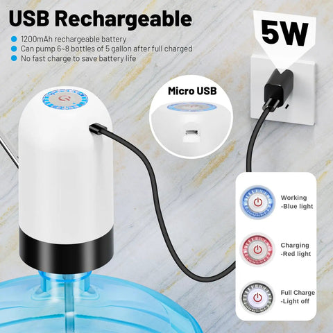 Portable USB Charged Water Pump For 3 To 5 Gallon Jugs Electric Drinking Water Dispenser showing USB charging, black and white design