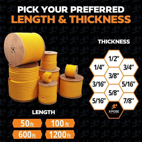 Yellow 3/8 Inch Beefy Heavy Duty Polypropylene Rope 1200 Feet For Outdoor And Marine Use, rope spools for tie downs