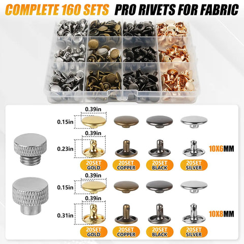 Leather Rivets Press Tool Kit With 160 Rivets And Installation Pliers, 4 colors and 2 sizes in organizer box.