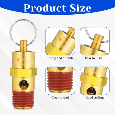 2-piece brass 1/4 in male air compressor relief valve with red threaded end; NPT safety drain valve, 150 PSI set.
