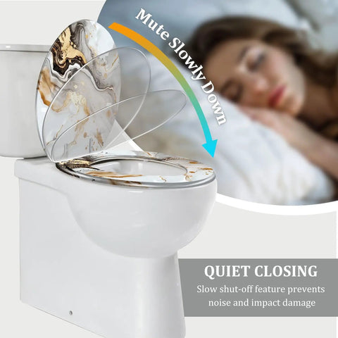 Elongated Toilet Seat White for Bathroom with elegant design, showcasing quiet closing feature and unique marbled pattern.