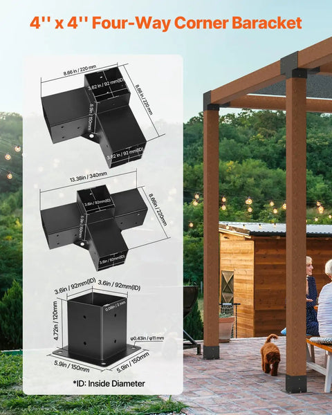 4x4 Pergola Brackets Kit For 3.5x3.5 Inch Wood Beams With 3-Way Brackets (4 Pieces) And 4-Way Brackets (2 Pieces) Plus 6 Post Bases For Outdoor Pergolas Gazebos And Sheds, Easy Install, Heavy Duty And Weather Ready
