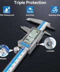 Type C Rechargeable 6 Inch Digital Caliper With Stainless Steel Vernier, IP54 Protection, features highlighted on black background