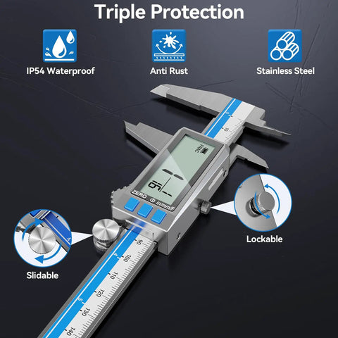 Type C Rechargeable 6 Inch Digital Caliper With Stainless Steel Vernier, IP54 Protection, features highlighted on black background