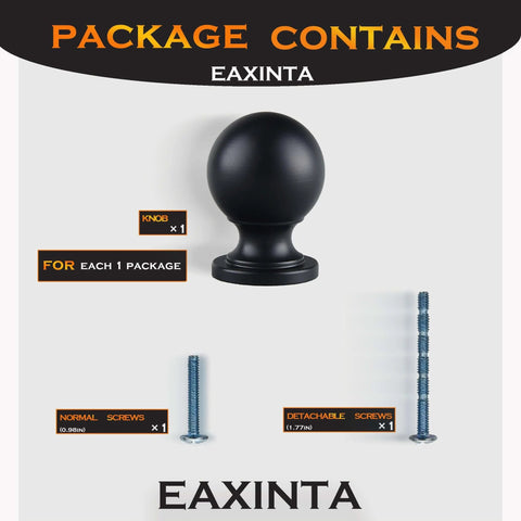 Package contents of 10 Pack Matte Black Cabinet Knobs For Kitchen Cabinets Round Ball Pulls With Single Hole Design Zinc Alloy Hardware A Must Have For Bathroom Drawers Dressers Cabinets And Other Home Upgrades, including knob and screws.