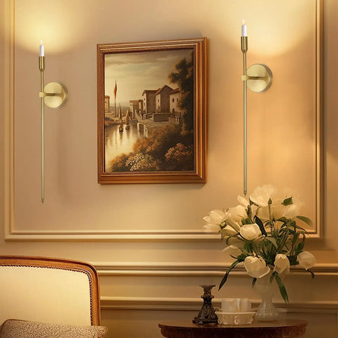 Sleek Gold Wall Candle Sconces Set Of Two Large 23 Inch Modern Light Fixtures For Bedroom Dining Room And Living Room Chic Home Decor That Delivers Major Flex Ambiance Always, displayed beside artwork.