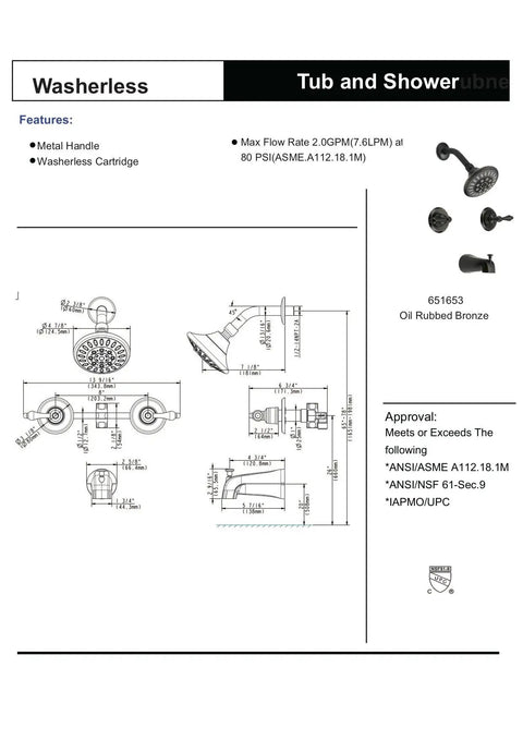 Oil Rubbed Bronze Tub And Shower Faucet With Two Handles Convertible Design Multi Setting Shower Head Washerless Brass And Copper Waterways diagram