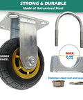 Built Tough 5 Inch Gate Support Wheel shown with metal bracket, zinc finish, rugged rubber tire, and fittings for farm gates.