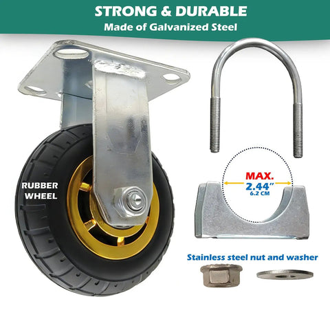 Built Tough 5 Inch Gate Support Wheel shown with metal bracket, zinc finish, rugged rubber tire, and fittings for farm gates.
