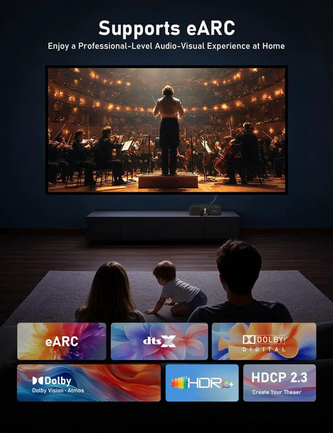 Family enjoying cinematic experience with TV displaying orchestra, showcases eARC & audio formats for HDMI setups.