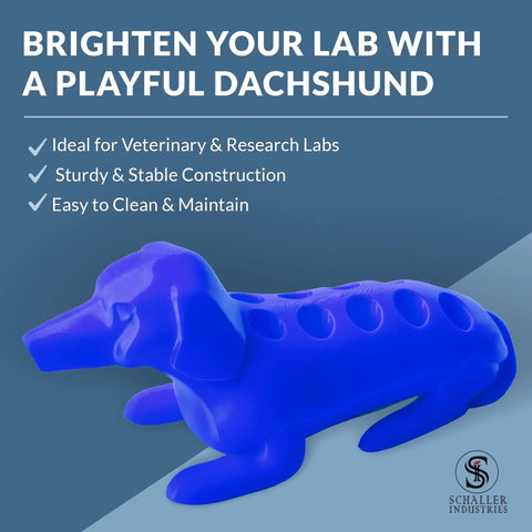 Dachshund Shaped Test Tube Rack For 16mm Lab Tubes Vertical Storage That Holds 10 Glass And Plastic Tubes Vial Holder Phlebotomy Gear Royal Blue Desk Sidekick in blue with 10 slots, ideal for labs.