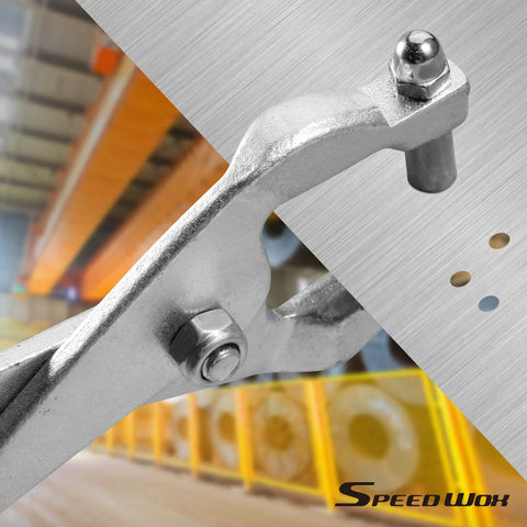 Close-up of 10 Inch Ceiling Grid Punch Pliers for Rivets 3.24mm, ideal for thin metal sheets and drop ceiling installations in an industrial setting.