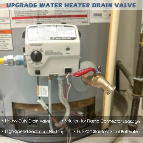 Installed Three Quarter Inch MNPT Full Port Brass Water Heater Drain Valve With Two Inch Shank on water heater