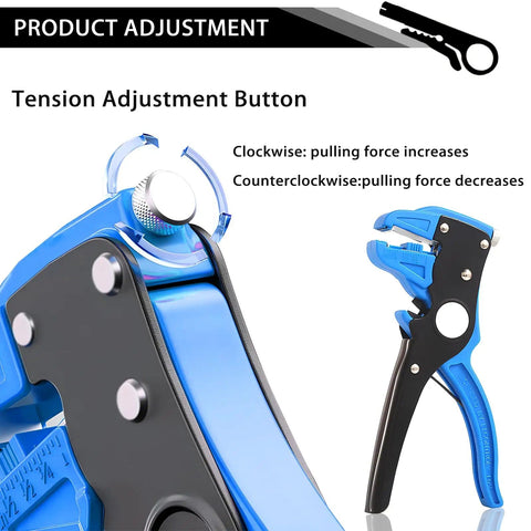 Close-up of tension adjustment button on 2-In-1 Automatic Wire Stripper And Cutter For Electronics And Automotive Repair With Eagle Nose Pliers In Blue
