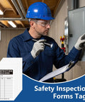 Worker inspecting control panel with clipboard and stack of 500 Pack Inspection Record Labels for Safety Inspections.