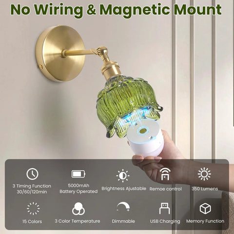 Hand holding Rechargeable Battery Operated Wall Sconces Set Of 2 5000mAh Dimmable Wireless Lights With Remote Cordless Glass Flower Sconce