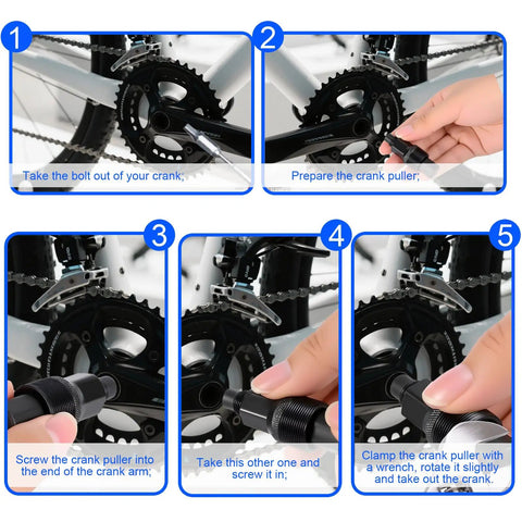Step-by-step bicycle maintenance with Compact Black Bicycle Crank Puller Tool for universal compatibility and removal.