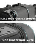 Close-up of waterproof rolling laptop bag for women showing smooth wheels and protection features.
