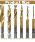 Six Piece Metric Drill And Tap Set M3 To M10 With Titanium Coated Carbon Steel Bits Hex Shank shown in different sizes