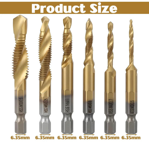 Six Piece Metric Drill And Tap Set M3 To M10 With Titanium Coated Carbon Steel Bits Hex Shank shown in different sizes