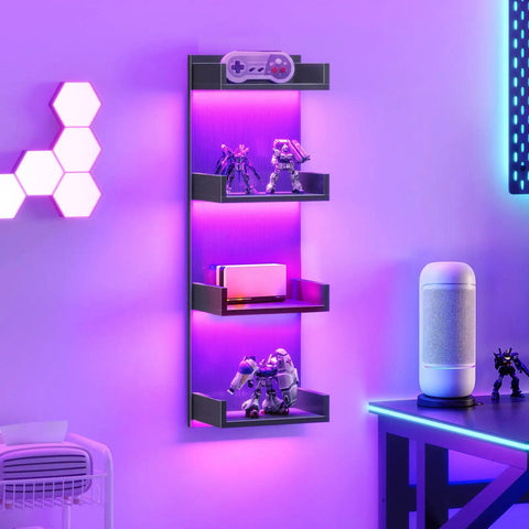 Multi Tier Floating Wall Shelves With Glowing RGB LED Lights And Sleek Black Frame For Wall Mounted Home Storage Vibes That Are Straight Up Dope And Legit Solid