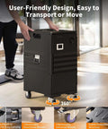 127 Qt Food Warmer Hot Box Carrier with Lockable Wheels and Double Buckles, shown in a room on wooden floor