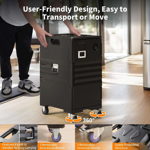 127 Qt Food Warmer Hot Box Carrier with Lockable Wheels and Double Buckles, shown in a room on wooden floor