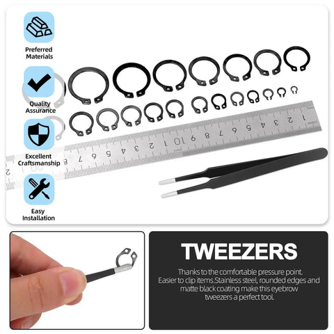 Image showing a 266 Piece 21 Sizes C Clip External Retaining Rings Set With Tweezer 65Mn Steel Snap Ring Kit For Axles Shafts And Moving Parts Pro Grade Heavy Duty Circlip Assortment For Shop And Automotive, including various sized rings, a ruler, and tweezers.