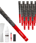 All Weather Multi Compound Golf Grips With Regripping Kit for Men and Women showing grips, solvent, and tools.
