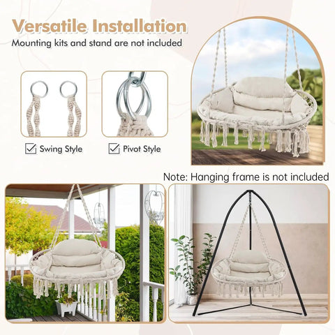 Two Person Hanging Hammock Chair With Thick Cushions And Boho Macrame Swing For Indoor Outdoor Use shown on porch without frame