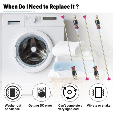 4 Pack DC97-05280S Suspension Rod Washer Damper Kit For WA48H7400 Series Washers Tub Stabilizer To Minimize Vibration During Spin Easy Install Replacement Kit For Unbalanced Loads shown next to washer machine diagrams.