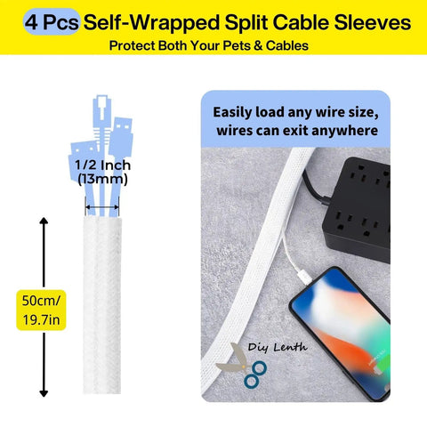 313 Piece Cable Management Kit With 67 Adhesive Clips And 22 Reusable Straps For Desk TV Office And Home Tangle Free Cord Organizer, 4 Split Cable Sleeves, 200 Nylon Zip Ties, 20 Mounts, White showing 4 pcs split cable sleeves and dimensions.
