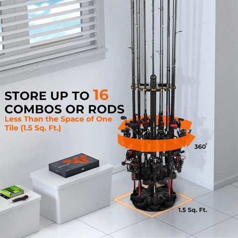 V16 Rotating Fishing Rod Holder For Garage Storage, 360 Degree Base, Holds Up To 16 Rods Or Combos, Space Saving Floor Rack