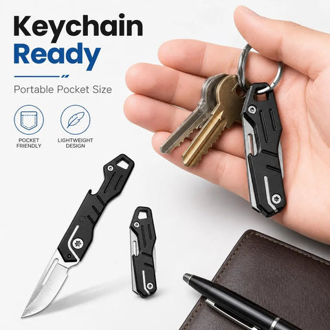 Lil Mini Stainless Steel Pocket Knife With Beer Bottle Opener for Everyday Carry shown with keys and wallet.