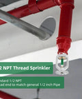 6 Pack Tough As Nails Quick Response Pendent Fire Sprinkler Heads Rock Solid Brass Body 199F High Temp Activation Half Inch NPT Thread Dope Setup For Home Kitchen Heavy Duty Safety, mounted 1/2 NPT thread sprinkler.